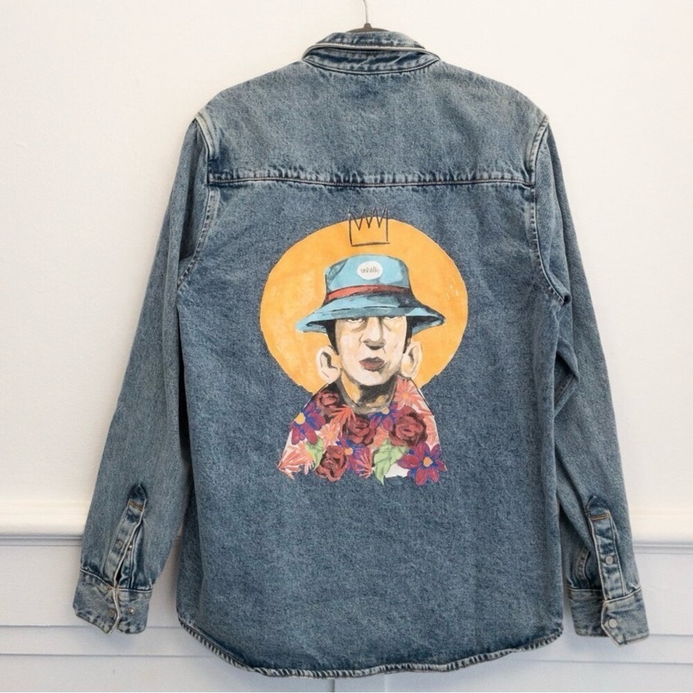 Zara Men’s Relaxed Fit Denim Jacket Hand-Painted Back Art Size L Streetwear - Picture 3 of 5
